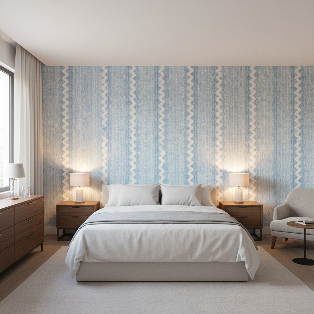 Whitaker Print Sky/Delft — Bedroom Room Setting