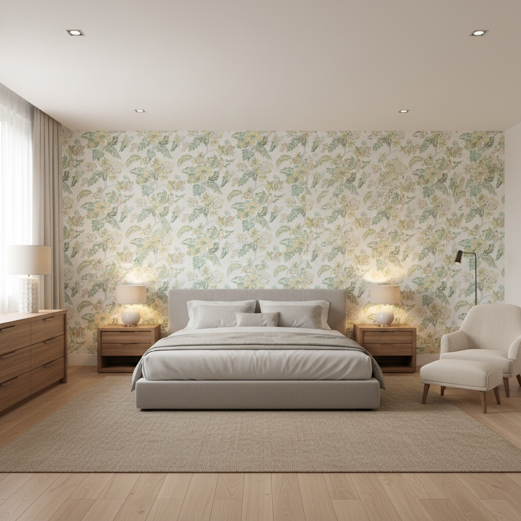 Augustine Print Celadon — Bedroom Room Setting