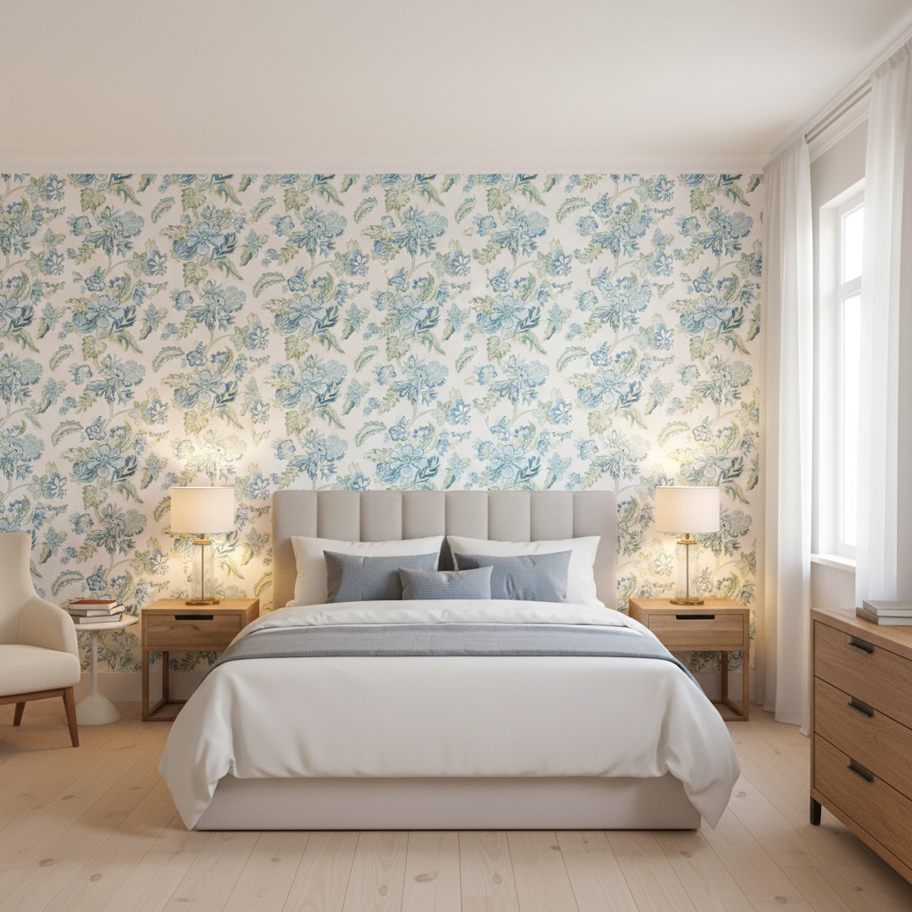 Augustine Print Aqua — Bedroom Room Setting