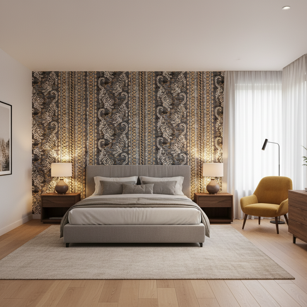 Bongol Print Charcoal — Bedroom Room Setting