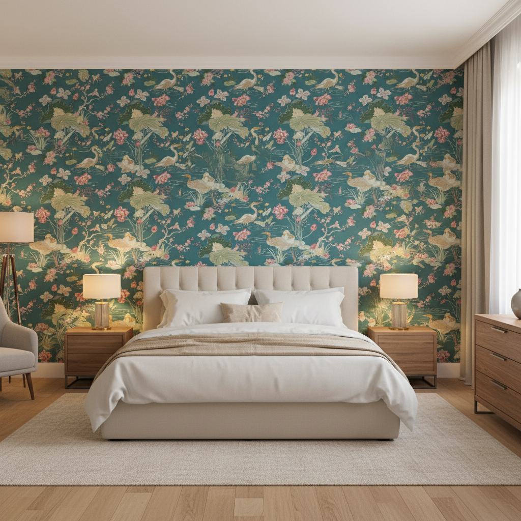 Luzon Print Lagoon — Bedroom Room Setting