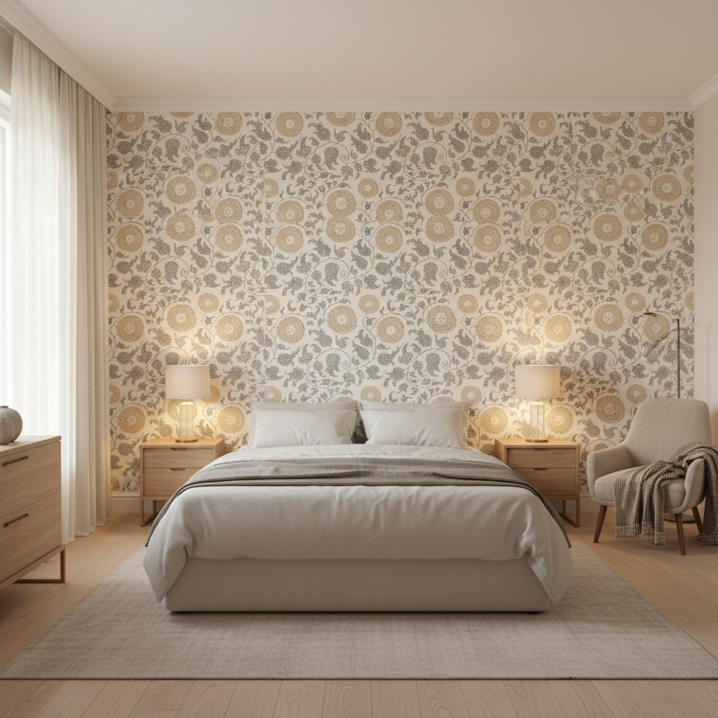 Eldora Print Flax — Bedroom Room Setting