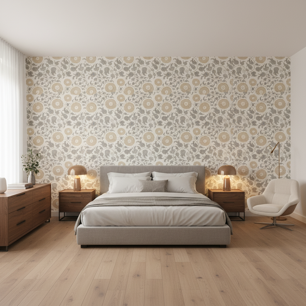 Eldora Print Flax — Bedroom Room Setting
