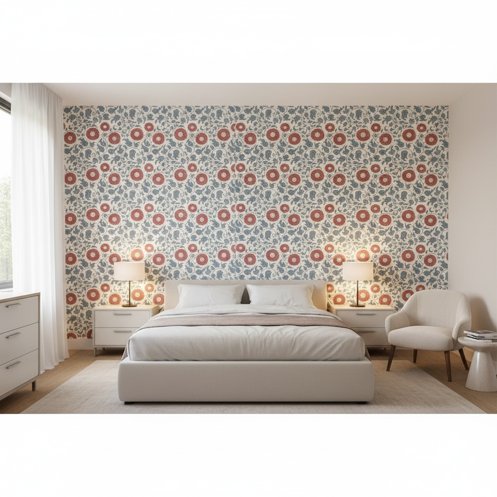 Eldora Print Sky/Brick — Bedroom Room Setting