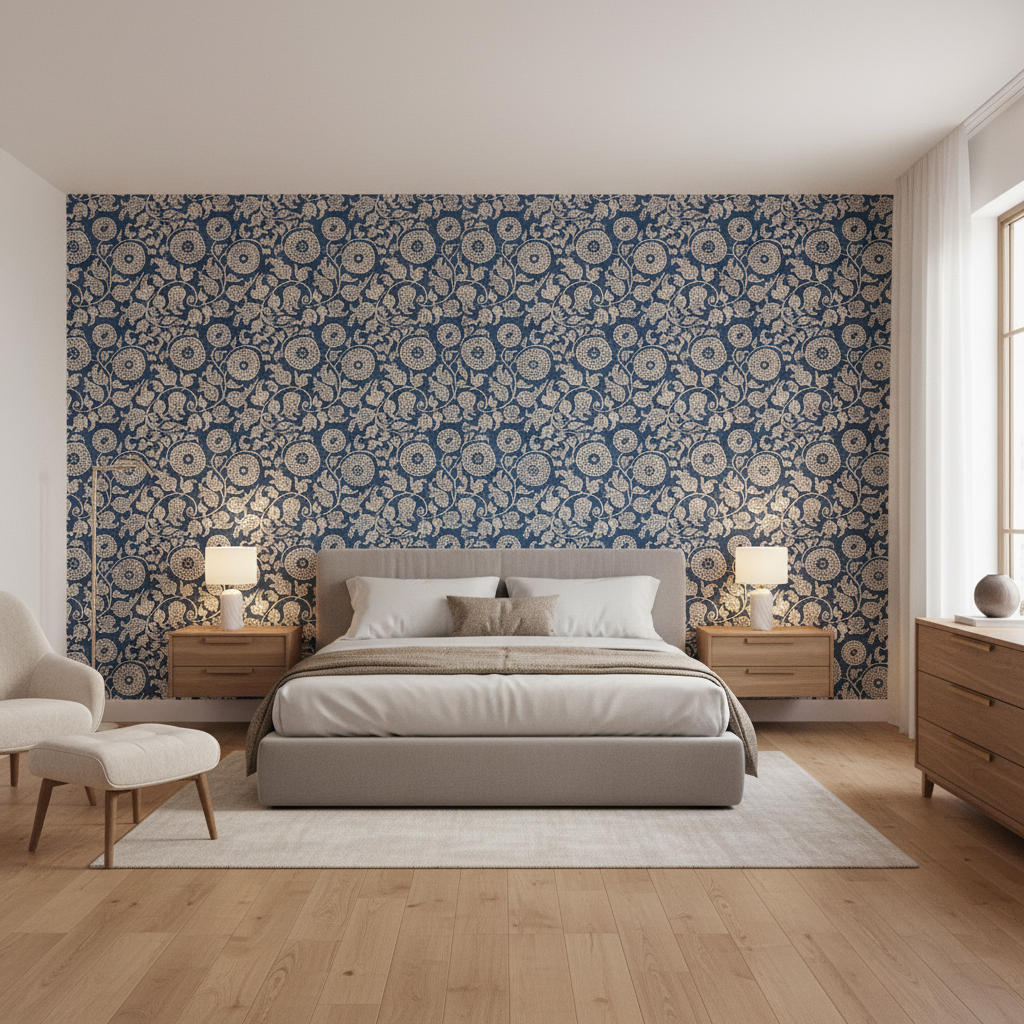 Eldora Print Indigo — Bedroom Room Setting