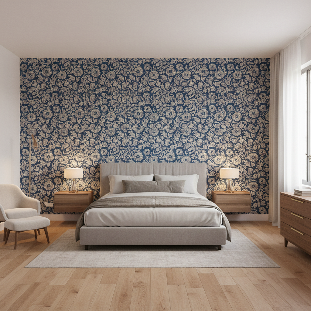 Eldora Print Indigo — Bedroom Room Setting