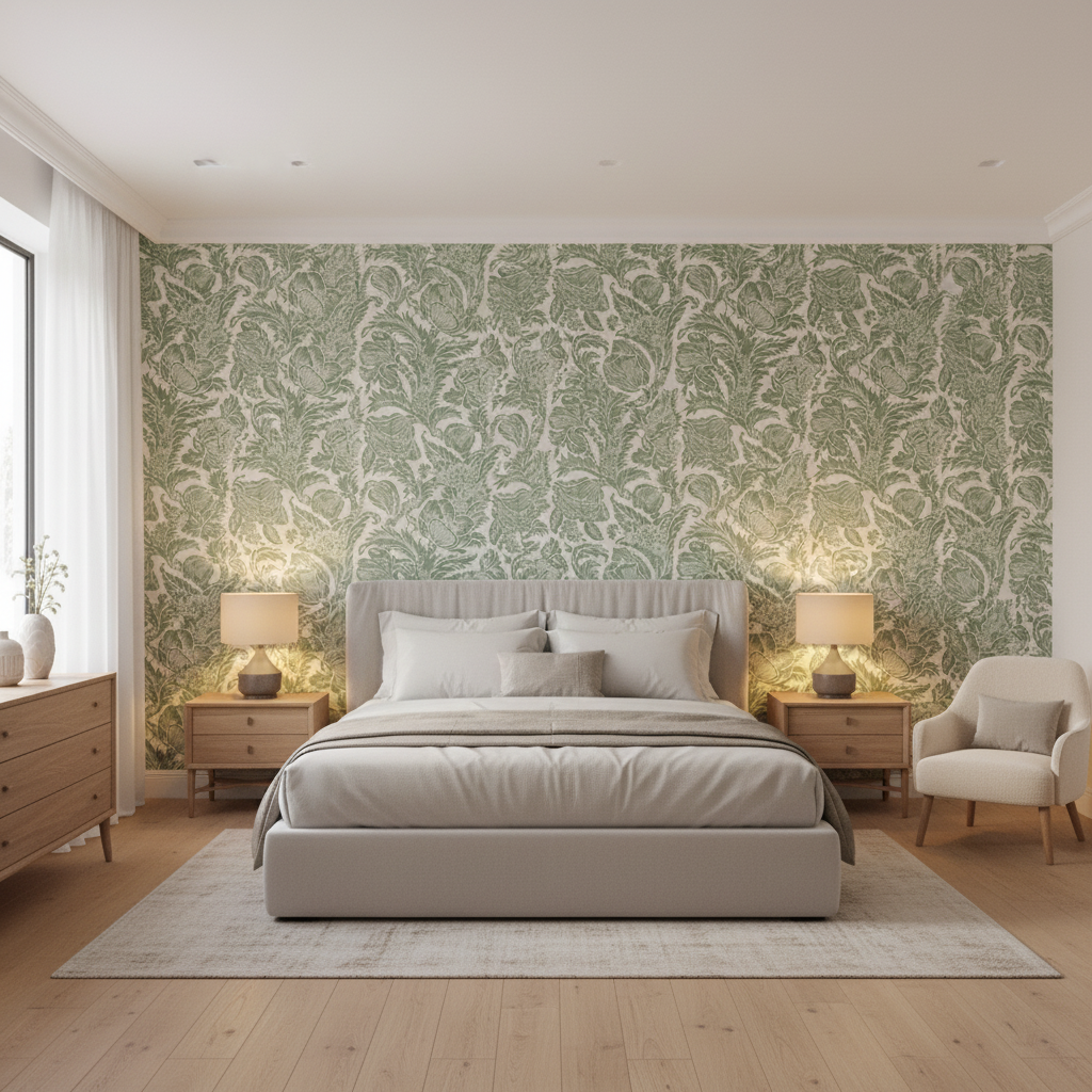 Marion Print Sage — Bedroom Room Setting