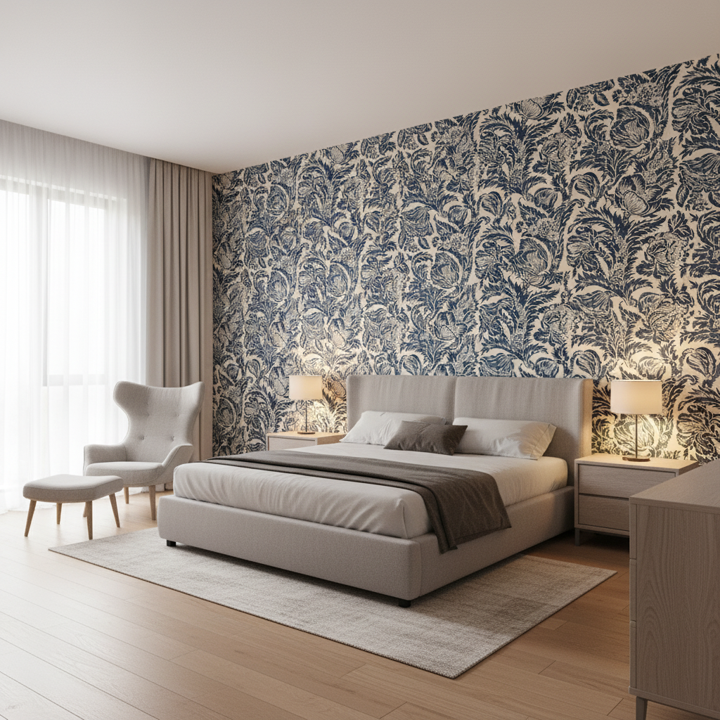 Marion Print Indigo — Bedroom Room Setting