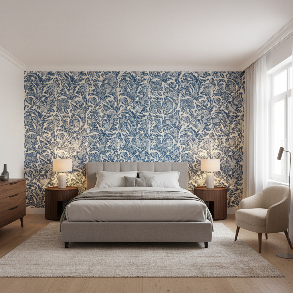 Marion Print Denim — Bedroom Room Setting