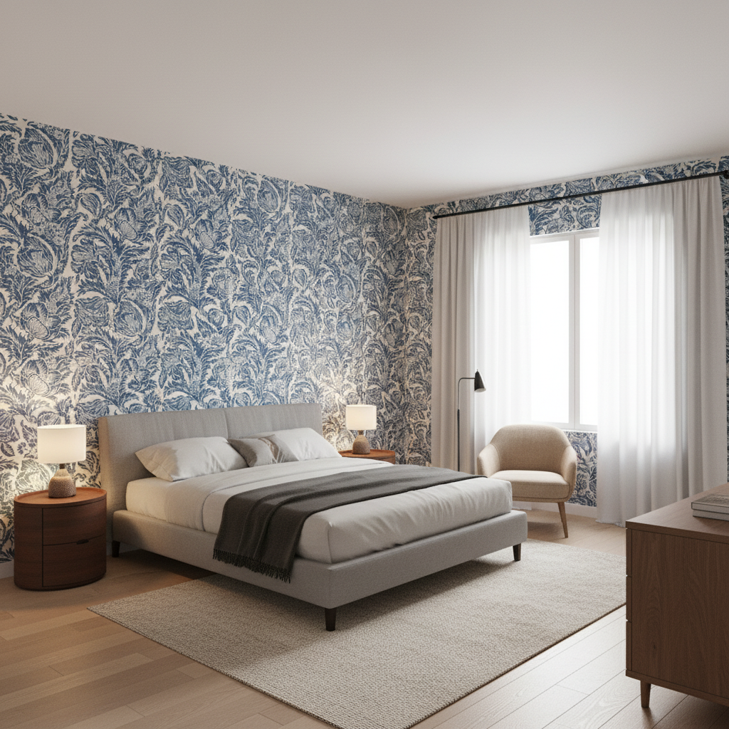 Marion Print Denim — Bedroom Room Setting