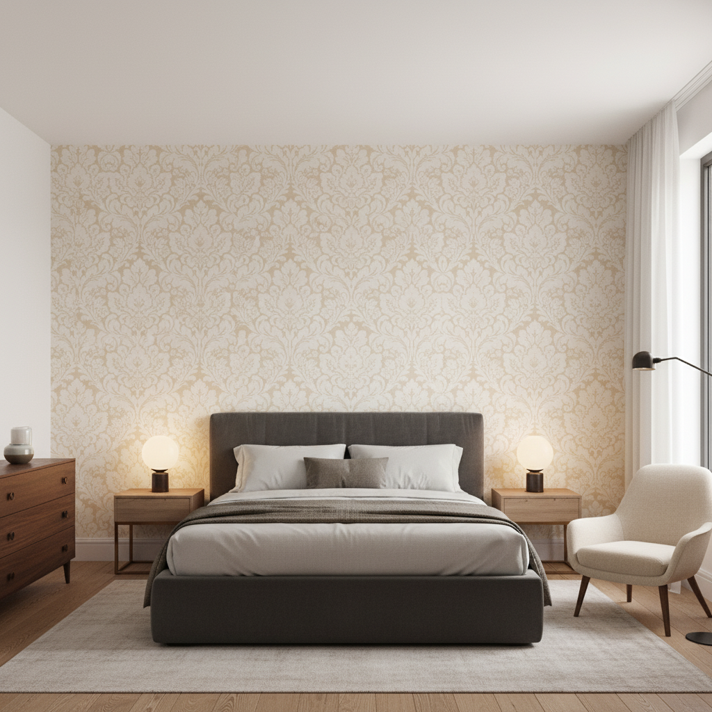 Acanthus Damask Pearl — Bedroom Room Setting