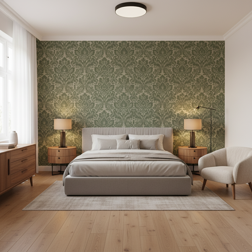 Acanthus Damask Loden — Bedroom Room Setting