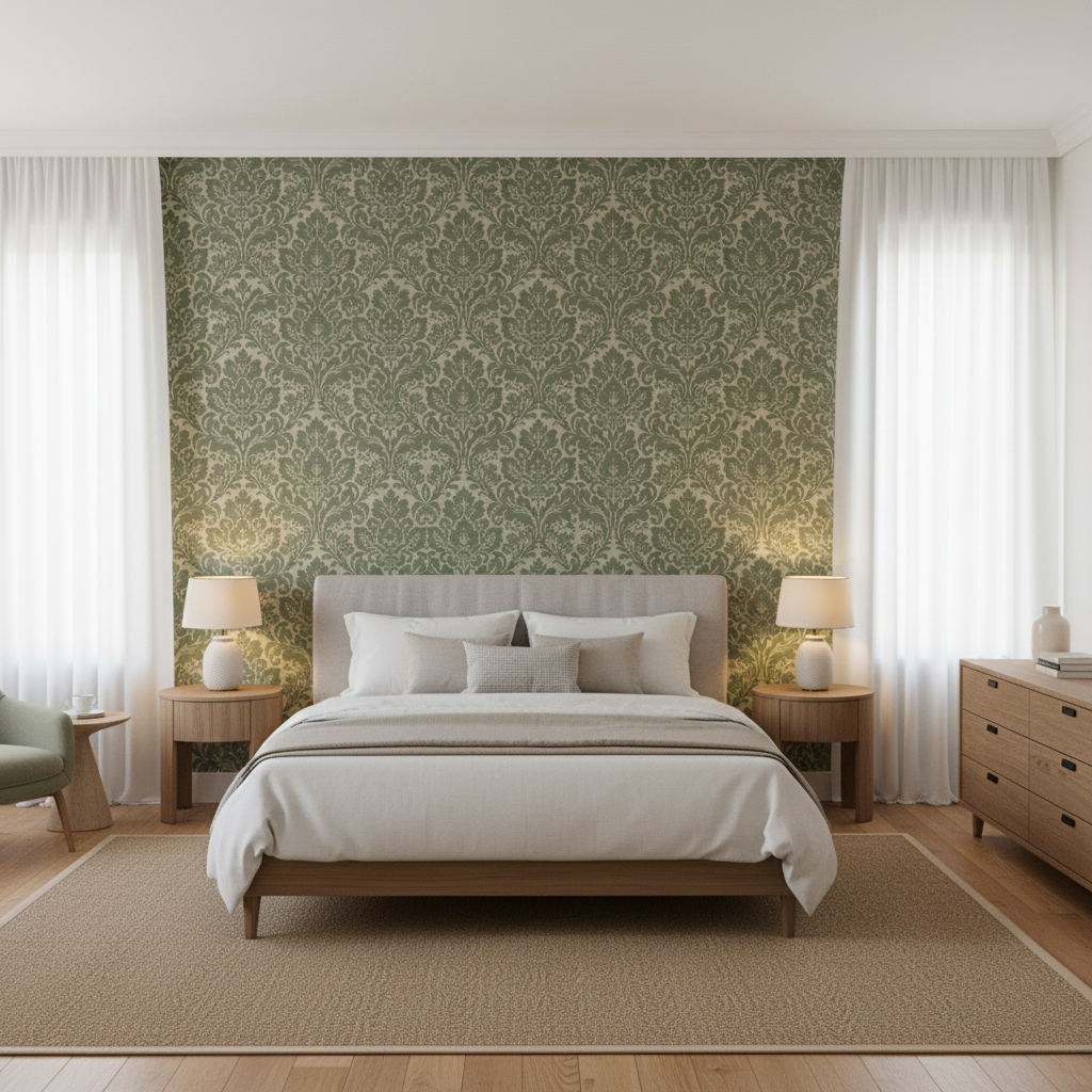 Acanthus Damask Loden — Bedroom Room Setting