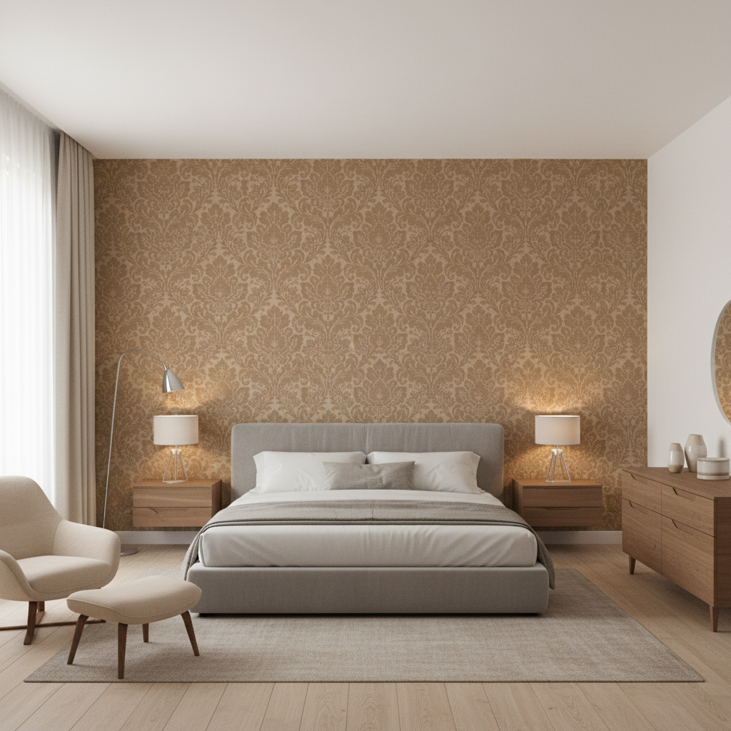 Acanthus Damask Tea — Bedroom Room Setting