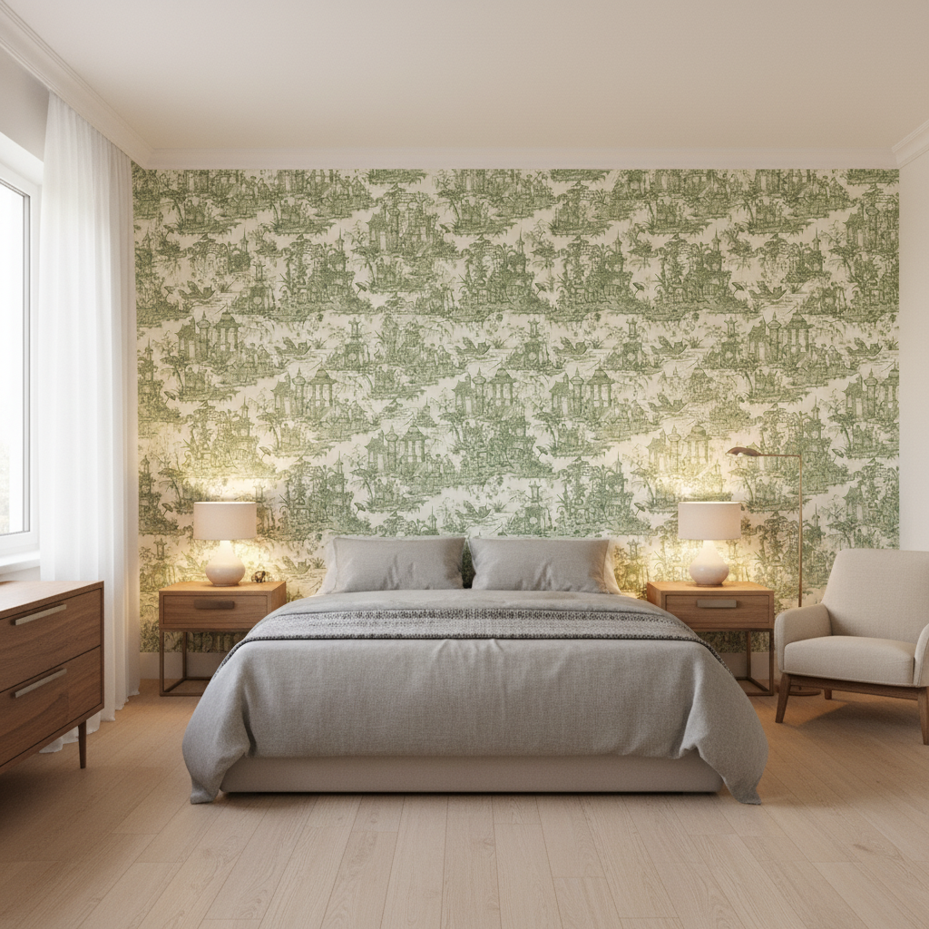 Pagoda Toile sage green — Bedroom Room Setting