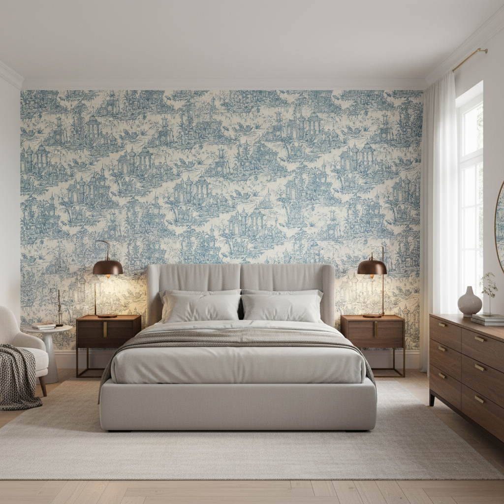 Pagoda Toile Blue — Bedroom Room Setting