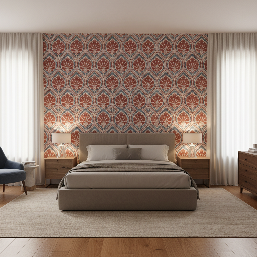 Seville Weave Denim/Brick — Bedroom Room Setting