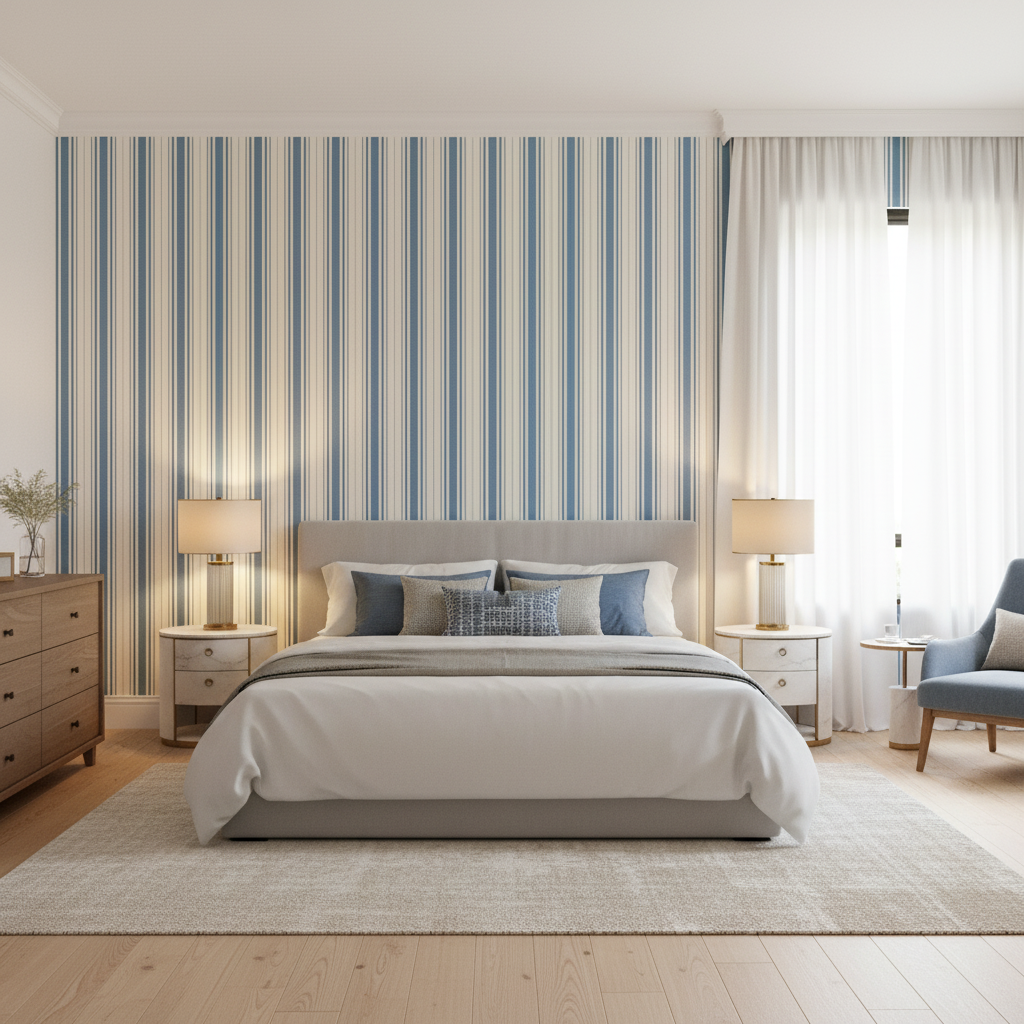 Baldwin Stripe Blue — Bedroom Room Setting