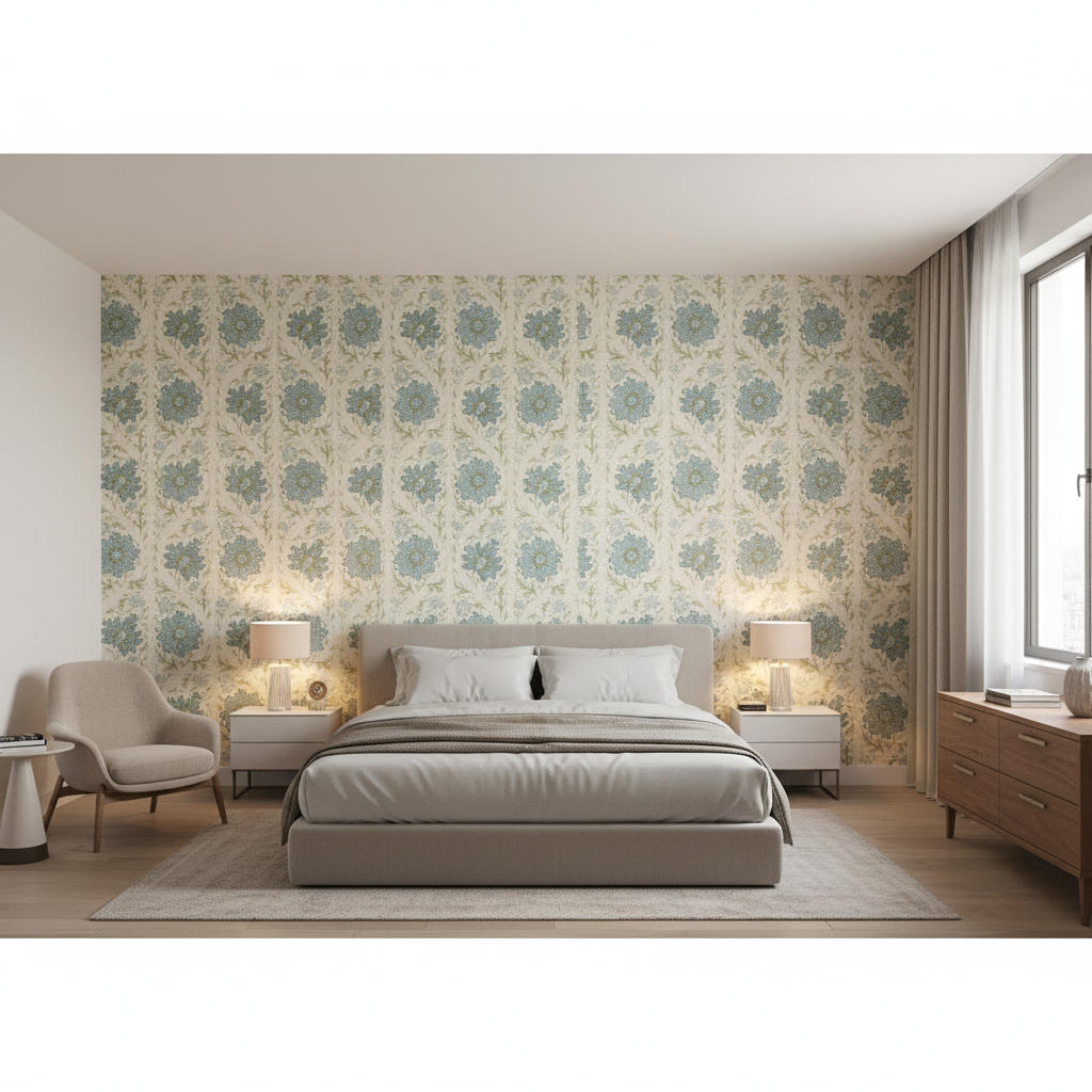 Calico Vine Green Blue — Bedroom Room Setting