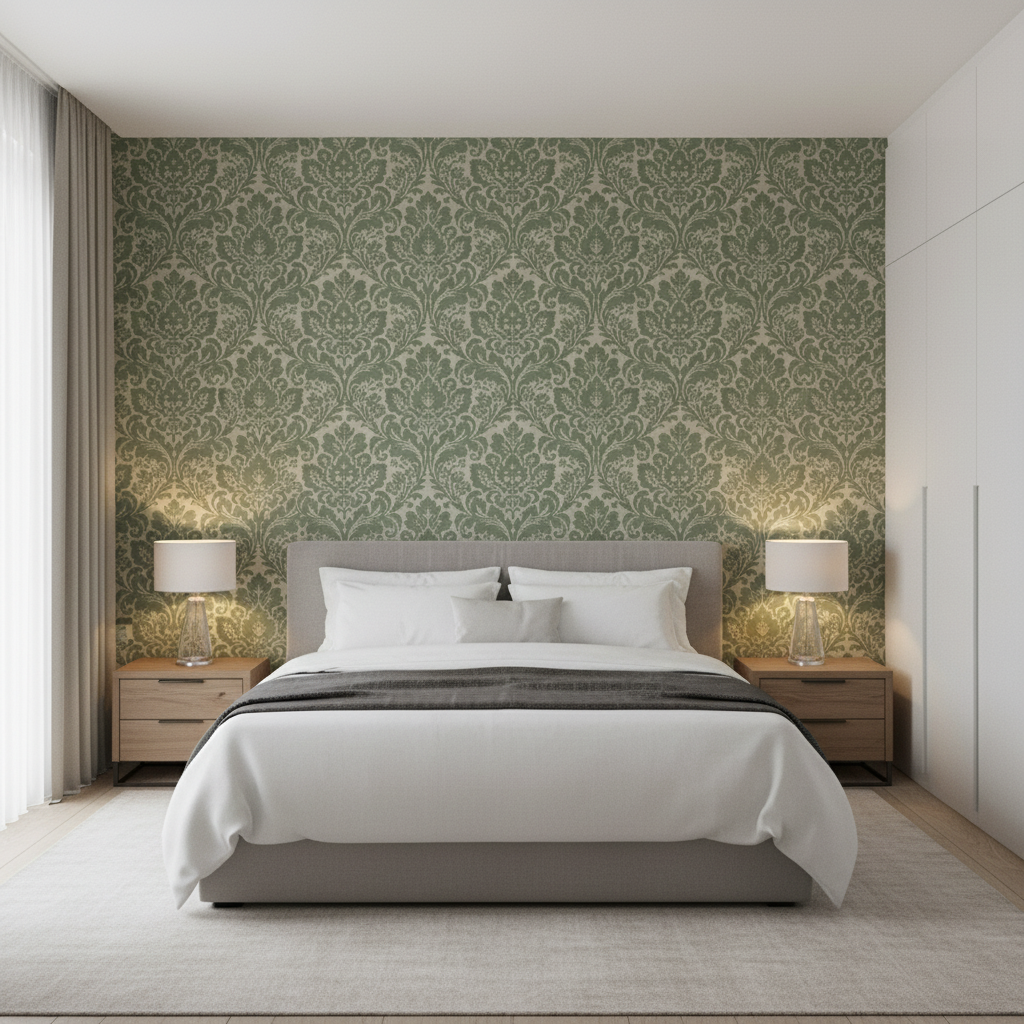 Acanthus Damask - Loden Green By Lee Jofa | Oscar De La Renta Iv | Damask Multipurpose - Bedroom Room Setting