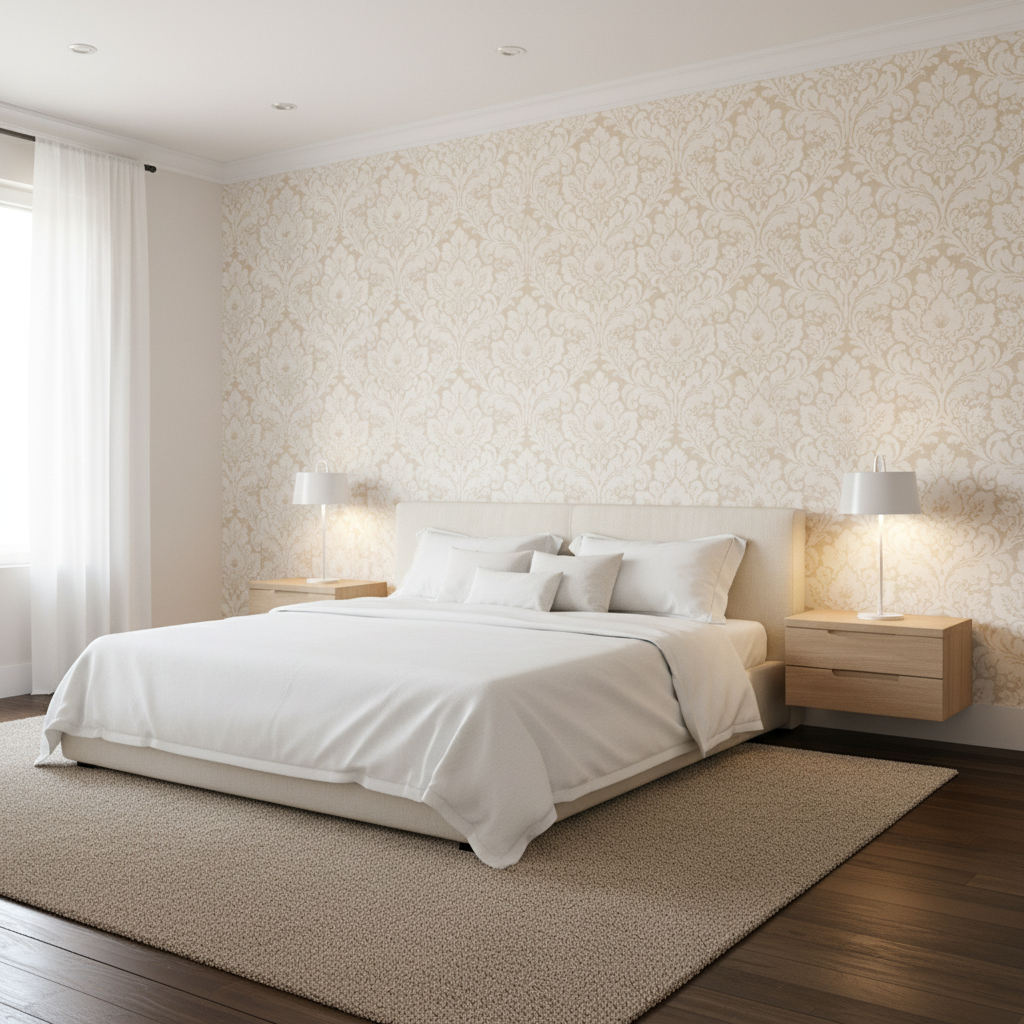 Acanthus Damask - Pearl Ivory By Lee Jofa | Oscar De La Renta Iv | Damask Multipurpose - Bedroom Room Setting