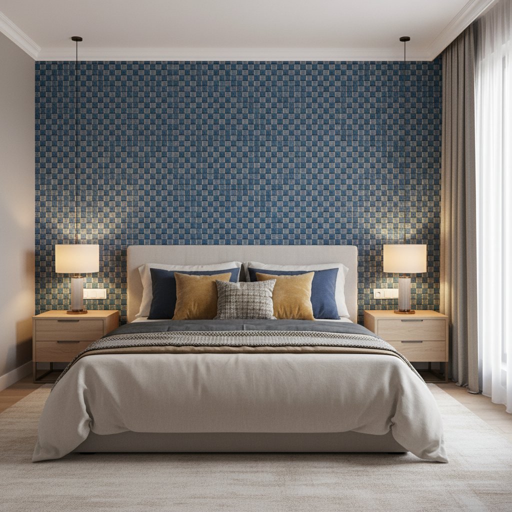 Allonby Weave - Blue Blue By Lee Jofa | Linford Weaves |Plaid / Check Tone On Tone Upholstery Chenille - Bedroom Room Setting