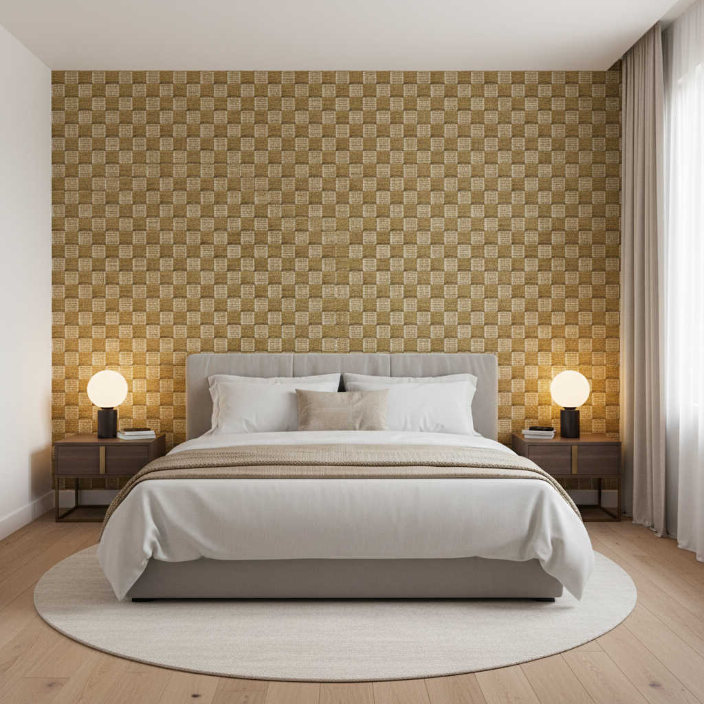 Allonby Weave - Fawn Gold By Lee Jofa | Linford Weaves |Plaid / Check Tone On Tone Upholstery Chenille - Bedroom Room Setting