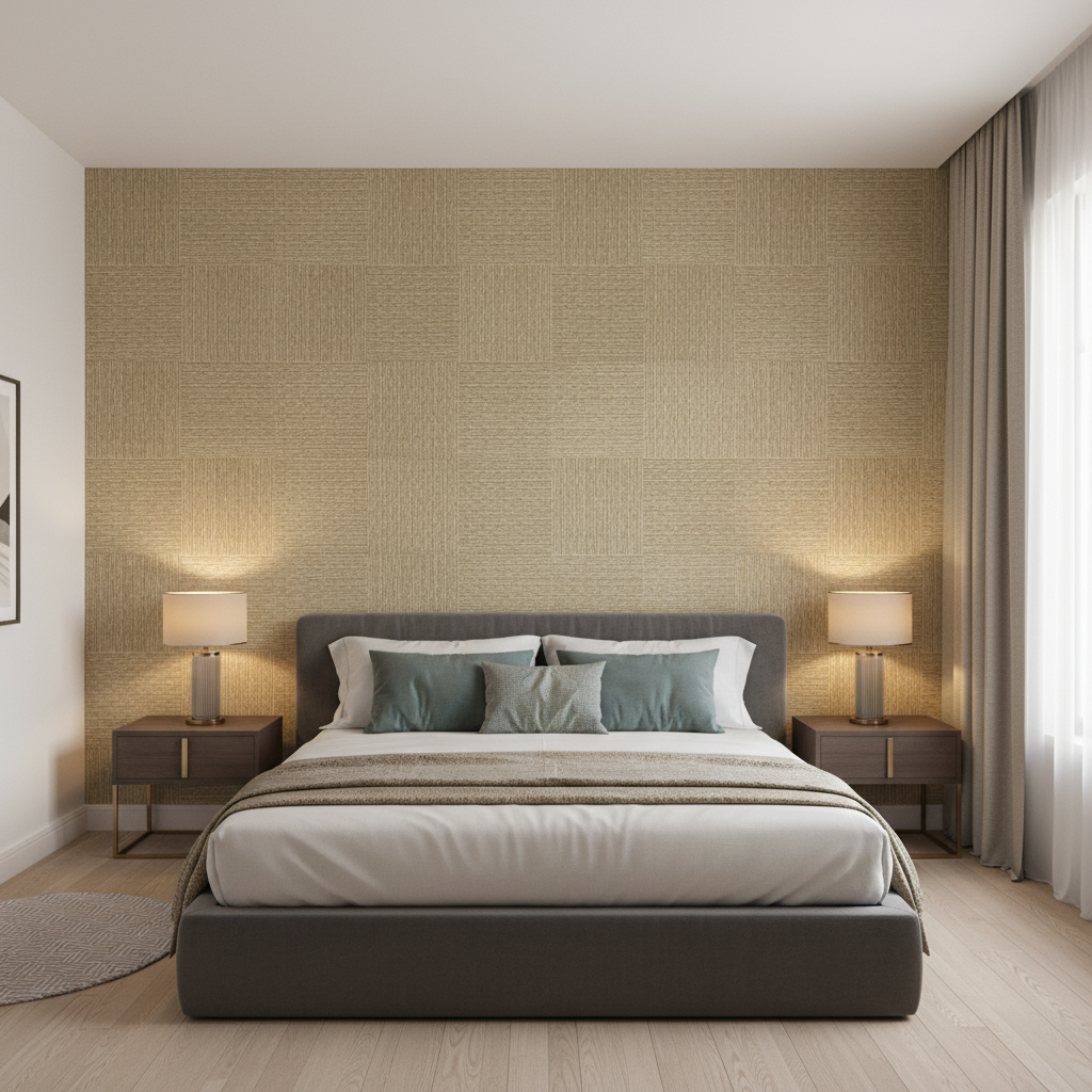 Allonby Weave - Flax Beige By Lee Jofa | Linford Weaves |Plaid / Check Tone On Tone Upholstery Chenille - Bedroom Room Setting
