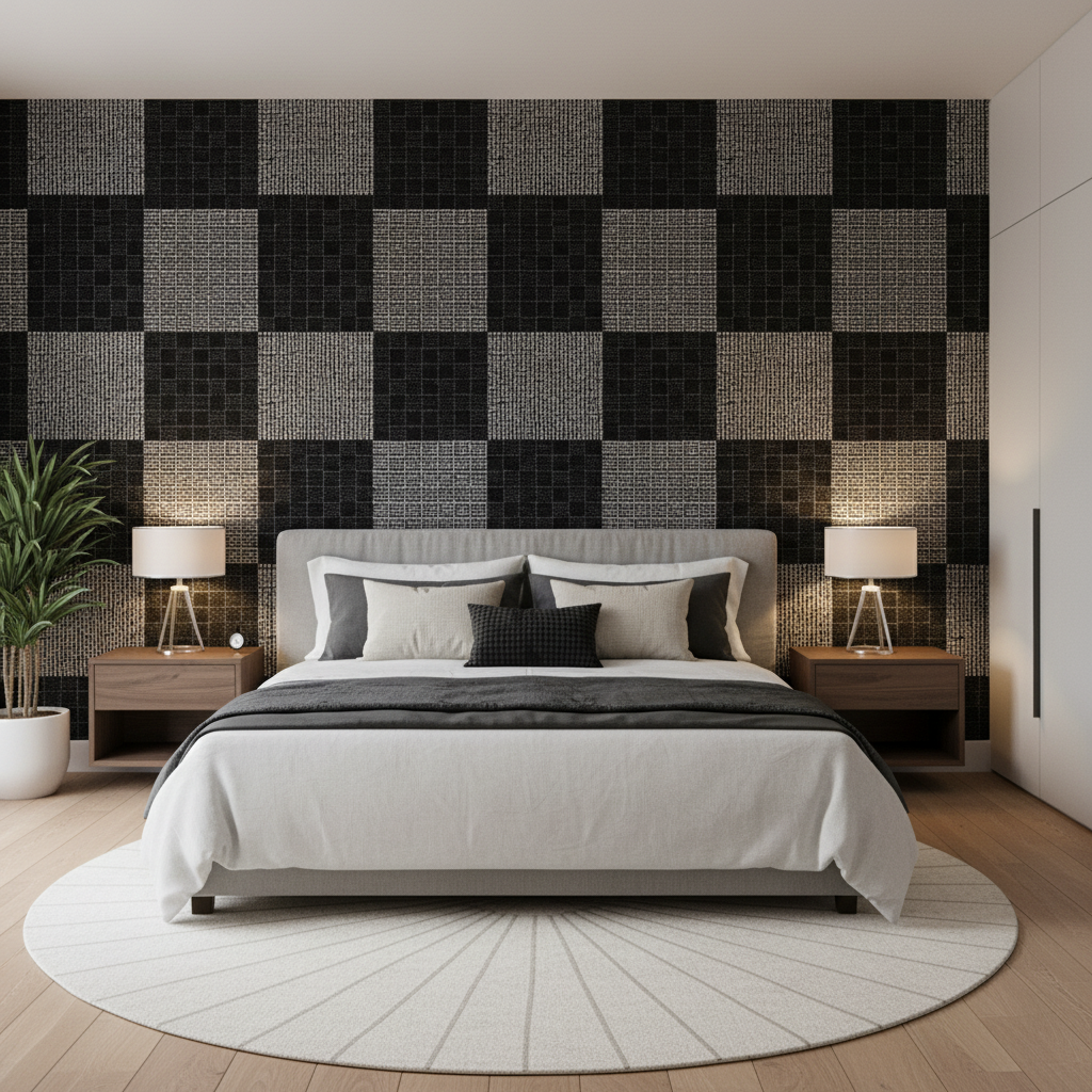 Allonby Weave - Jet Black By Lee Jofa | Linford Weaves |Plaid / Check Tone On Tone Upholstery Chenille - Bedroom Room Setting