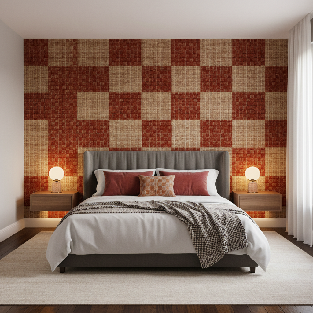 Allonby Weave - Ruby Red By Lee Jofa | Linford Weaves |Plaid / Check Tone On Tone Upholstery Chenille - Bedroom Room Setting