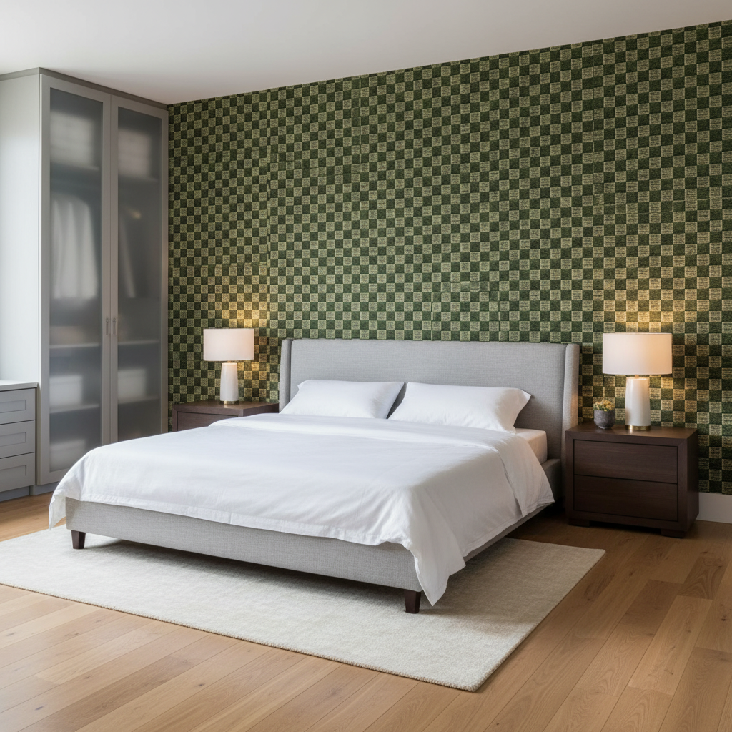 Allonby Weave - Spruce Green By Lee Jofa | Linford Weaves |Plaid / Check Tone On Tone Upholstery Chenille - Bedroom Room Setting