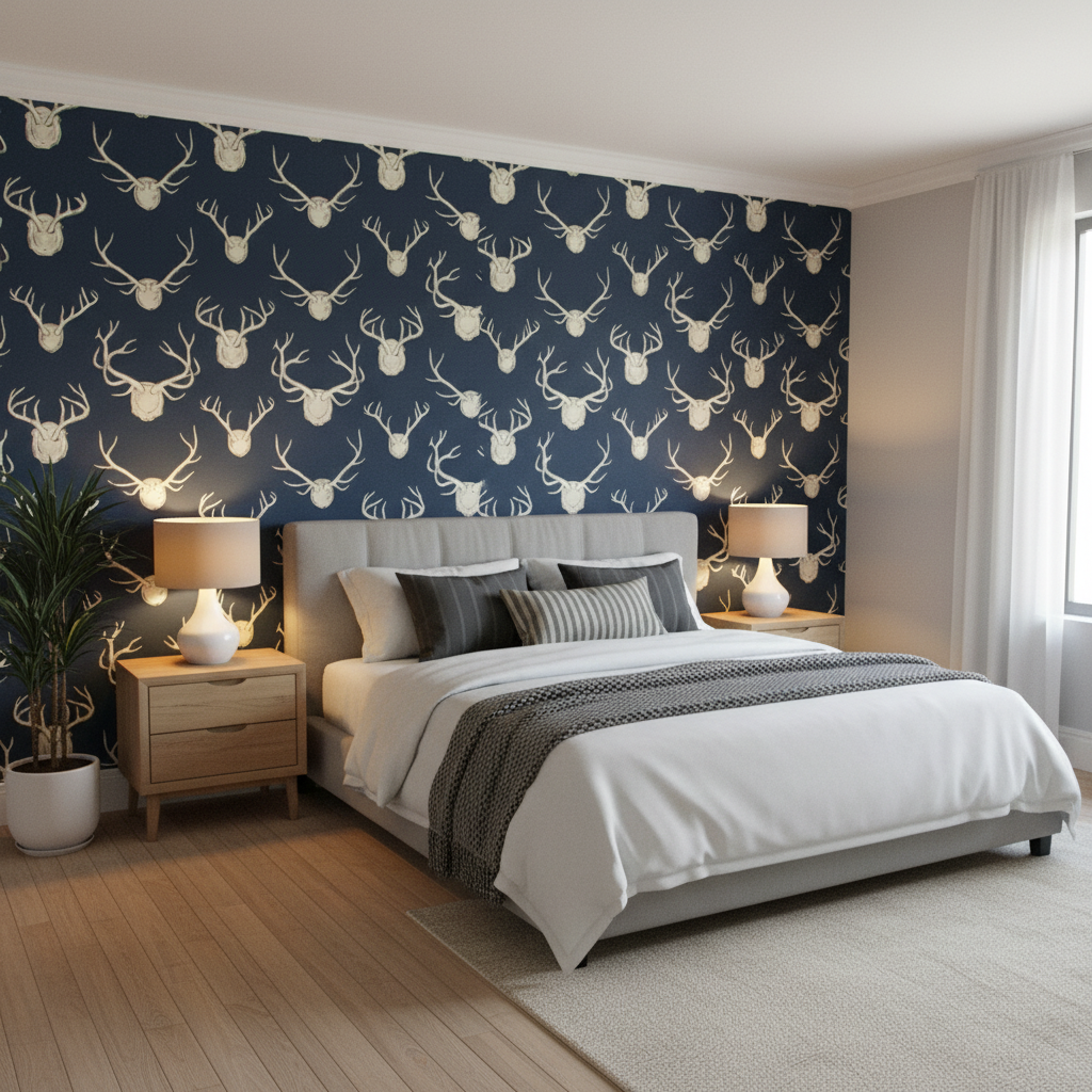 Antlers - Navy Dark Blue By Lee Jofa | Lodge Ii Prints |Animal/Insects Novelty Multipurpose Print - Bedroom Room Setting