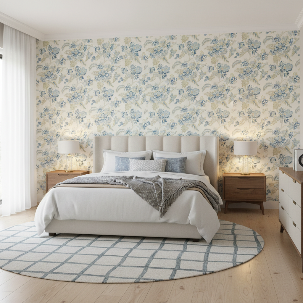 Augustine Print - Lake Blue By Lee Jofa | Avondale |Botanical & Floral  Multipurpose Print - Bedroom Room Setting