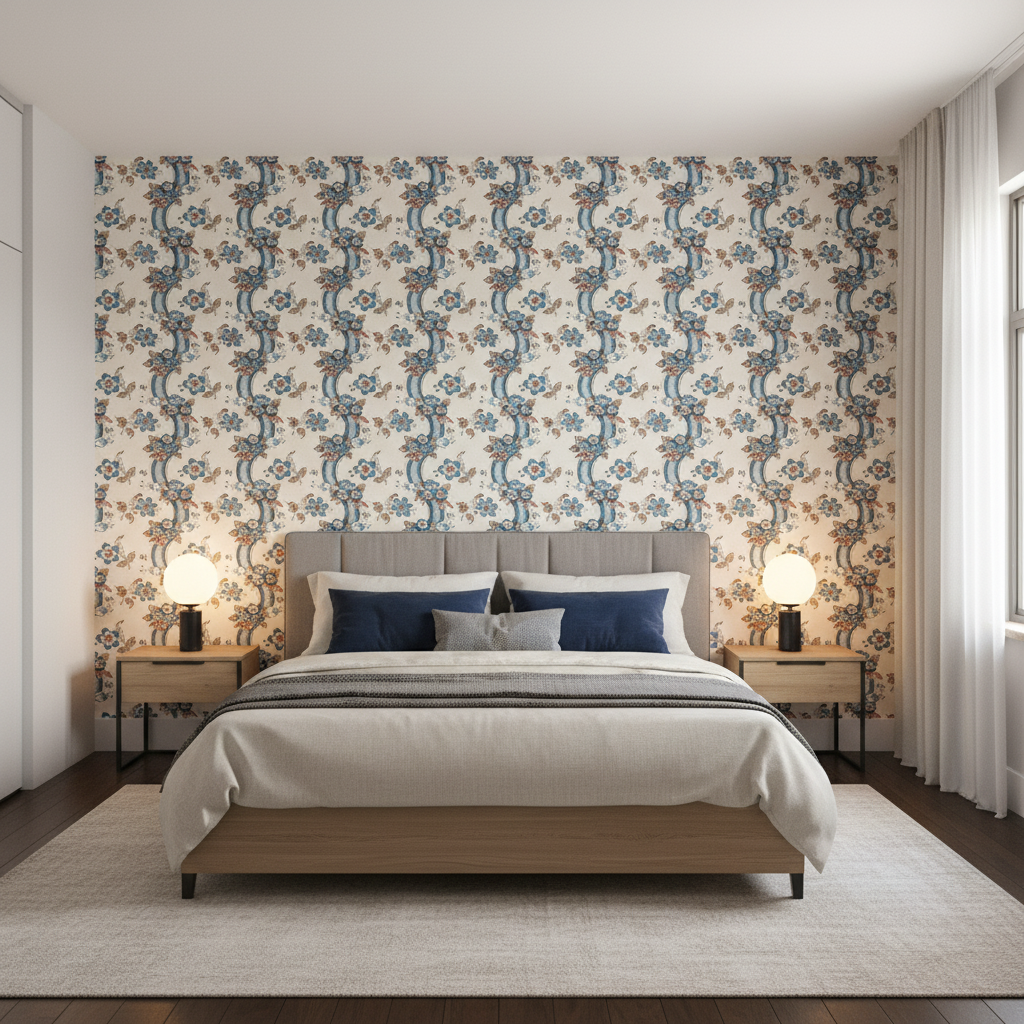 Benday Print - Denim/Berry Blue By Lee Jofa | Oscar De La Renta Iv |Botanical & Floral Jacobeans Multipurpose Print - Bedroom Room Setting