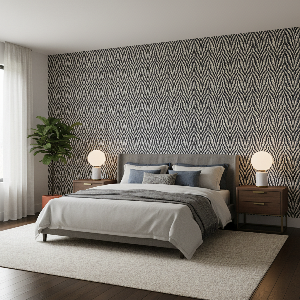 Blyth Weave - Navy Dark Blue By Lee Jofa | Linford Weaves |Herringbone/Tweed  Upholstery Chenille - Bedroom Room Setting