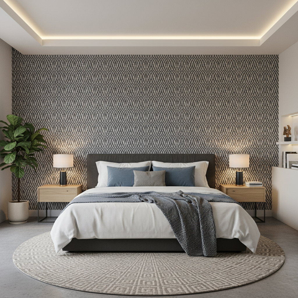 Blyth Weave - Slate Blue By Lee Jofa | Linford Weaves |Herringbone/Tweed  Upholstery Chenille - Bedroom Room Setting