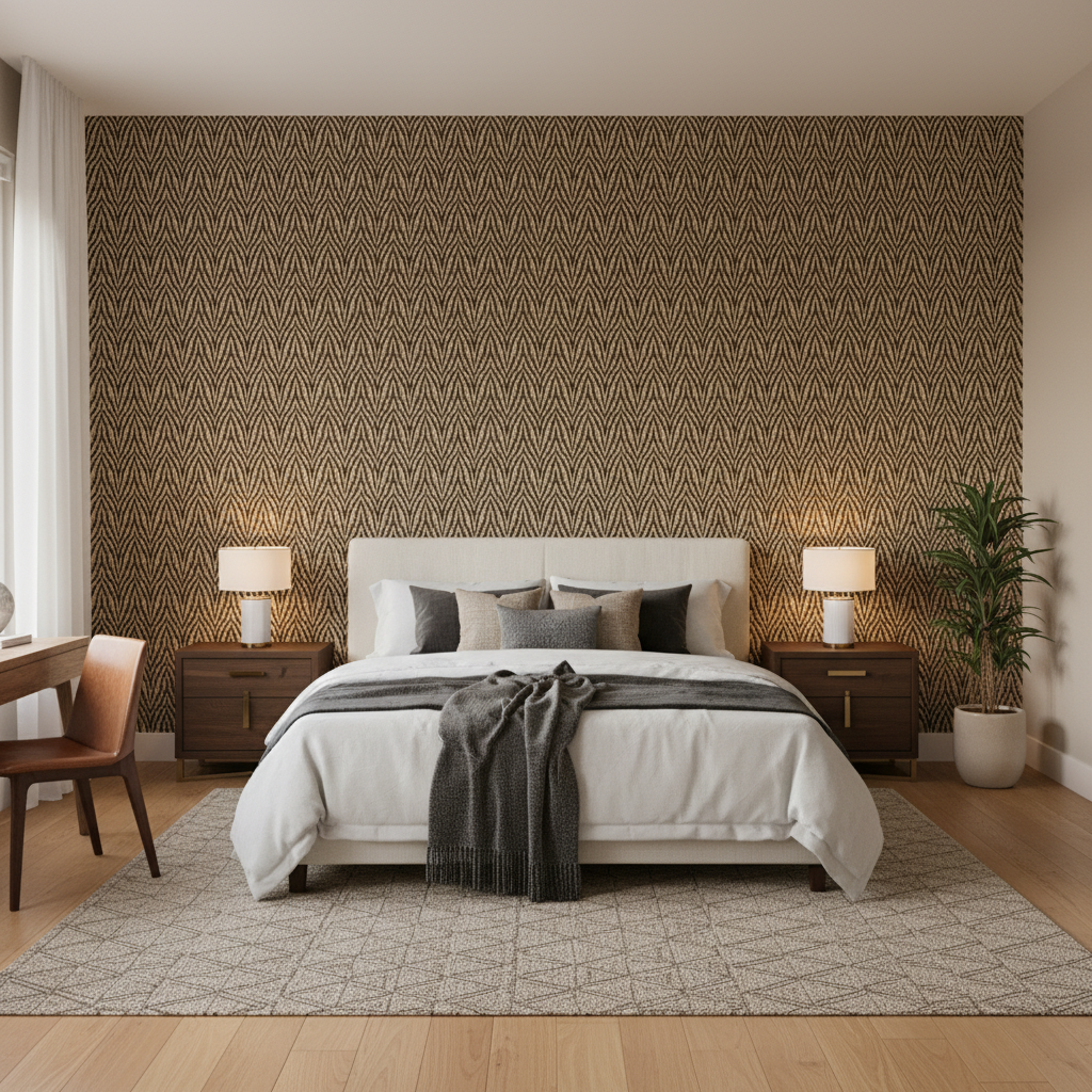 Blyth Weave - Umber Brown By Lee Jofa | Linford Weaves |Herringbone/Tweed  Upholstery Chenille - Bedroom Room Setting