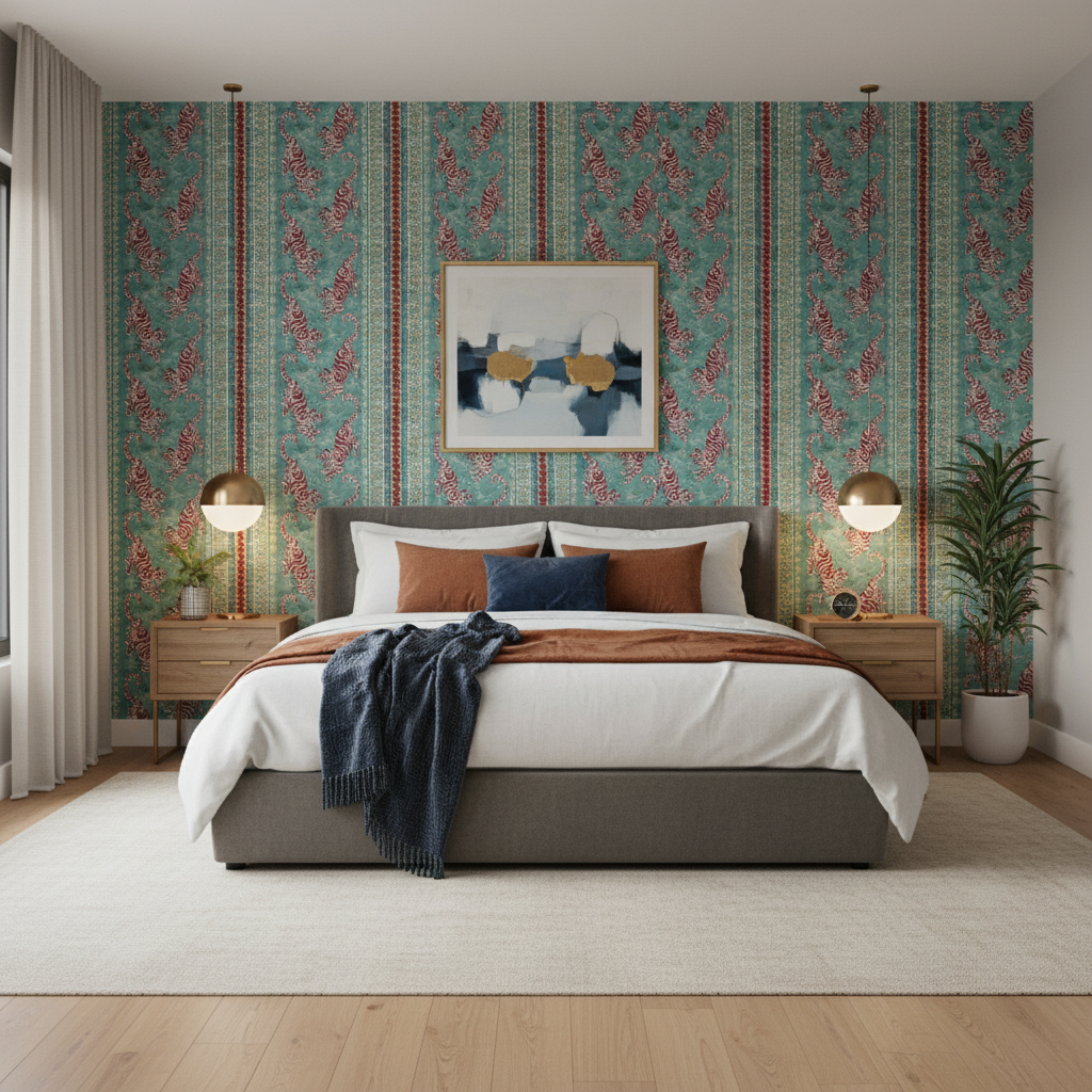 Bongol Print - Aqua Multi By Lee Jofa | Mindoro | Animal/Insects Multipurpose Embroidery - Bedroom Room Setting
