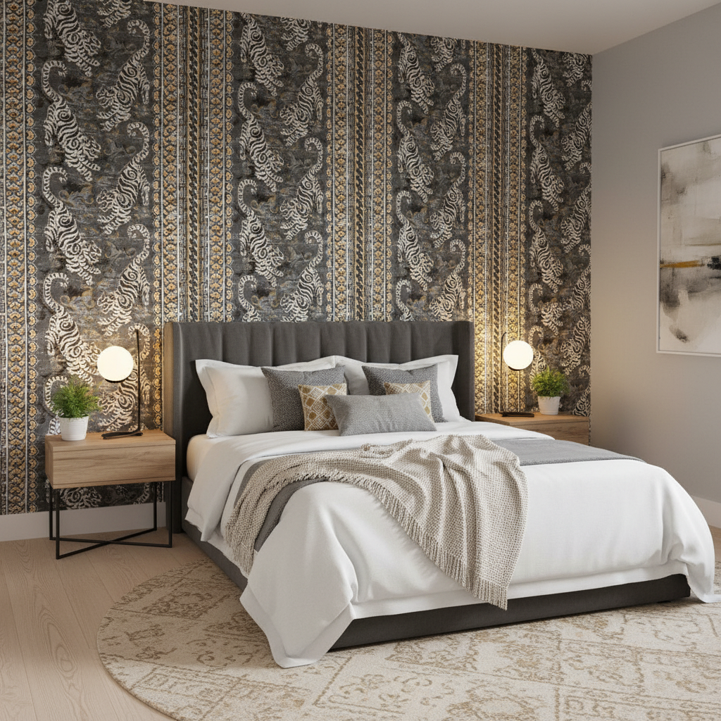 Bongol Print - Charcoal Charcoal By Lee Jofa | Mindoro | Animal/Insects Multipurpose Embroidery - Bedroom Room Setting