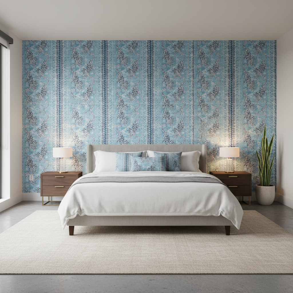 Bongol Print - Sky Blue By Lee Jofa | Mindoro | Animal/Insects Multipurpose Embroidery - Bedroom Room Setting