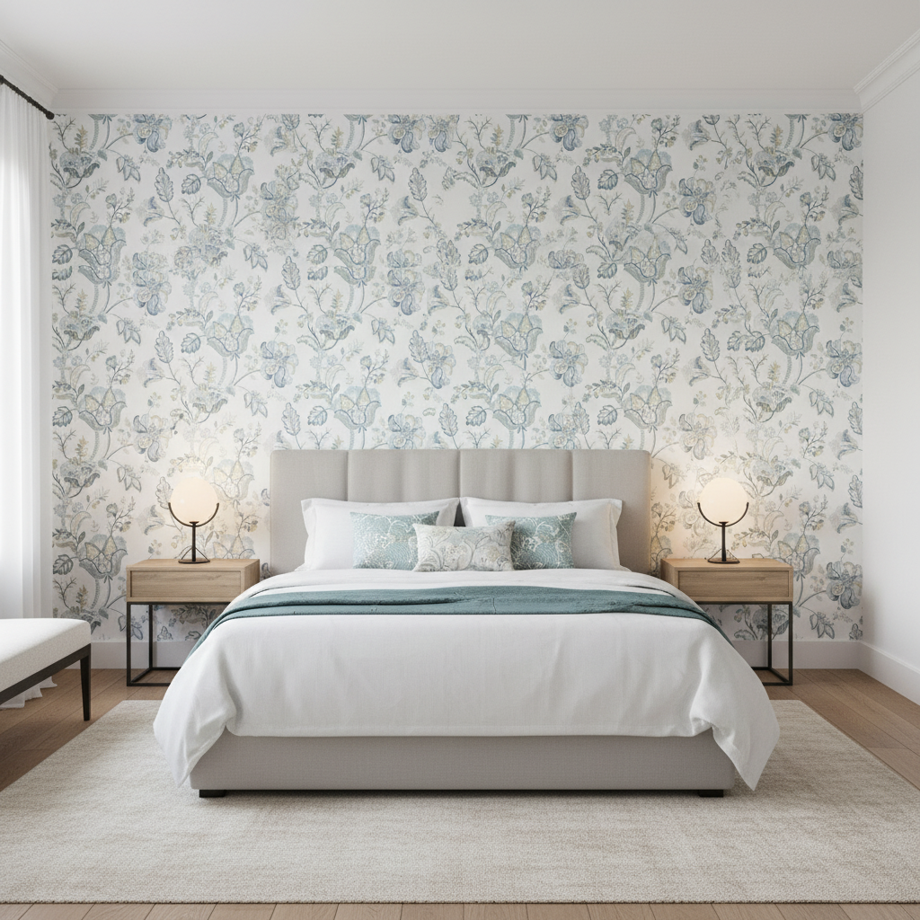 Bradford Emb - Juniper/Lagoon Multi By Lee Jofa | Westport | Botanical & Floral Multipurpose Embroidery - Bedroom Room Setting