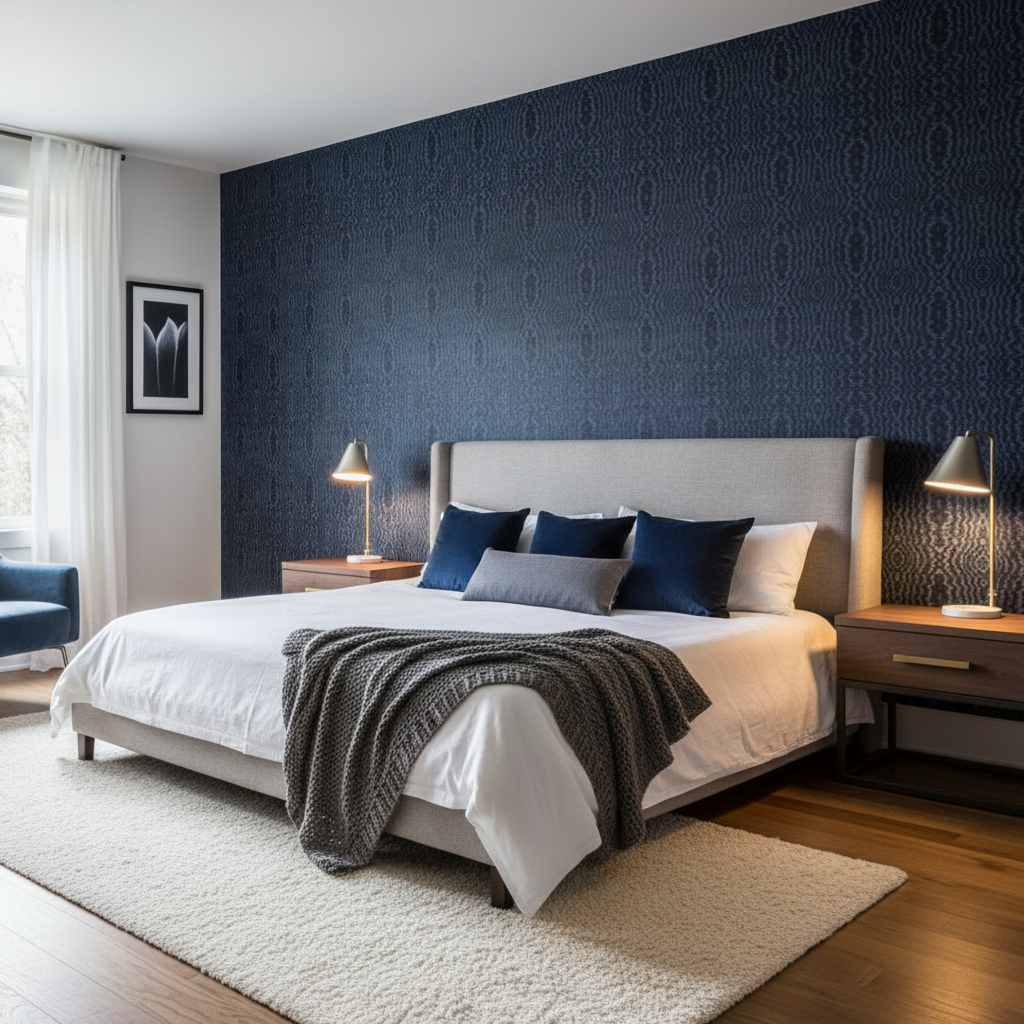 Callow Velvet - Midnight Dark Blue By Lee Jofa | Harlington Velvets | Modern Upholstery Velvet - Bedroom Room Setting