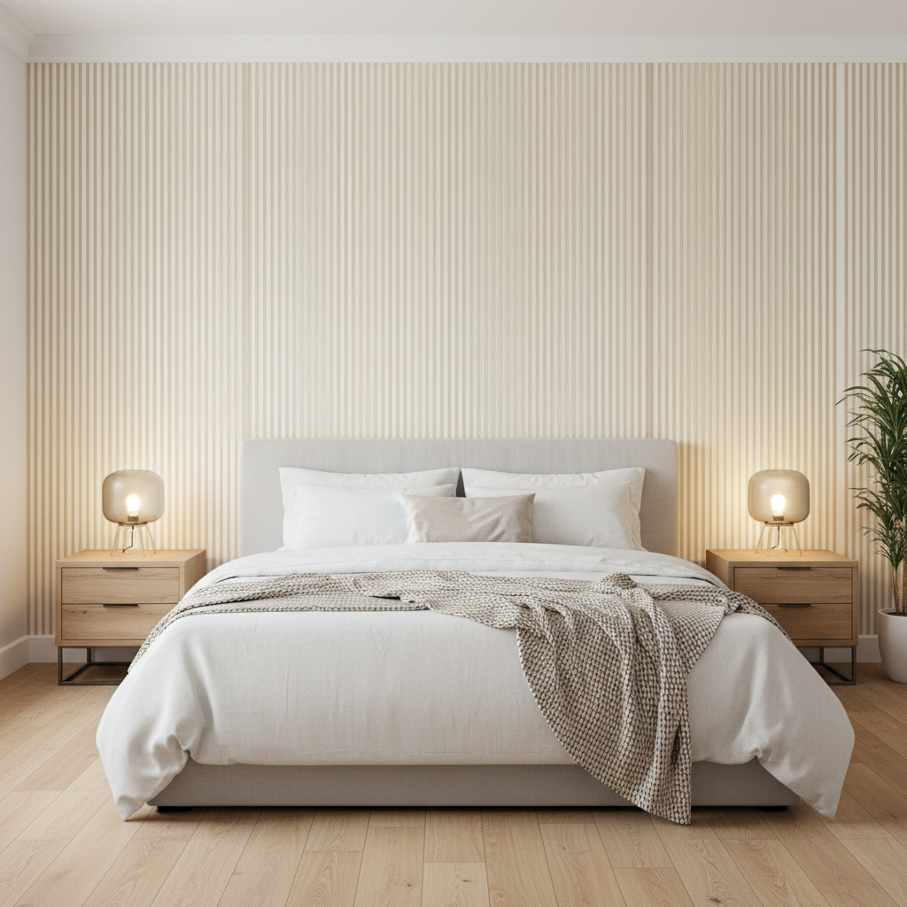 Cap Ferrat Stripe - Beige Beige By Lee Jofa | Suzanne Kasler The Riviera Collection |Stripes Texture Upholstery - Bedroom Room Setting