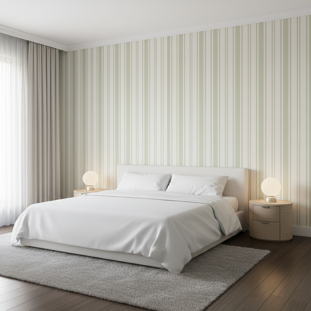 Cap Ferrat Stripe - Leaf Green By Lee Jofa | Suzanne Kasler The Riviera Collection |Stripes Texture Upholstery - Bedroom Room Setting