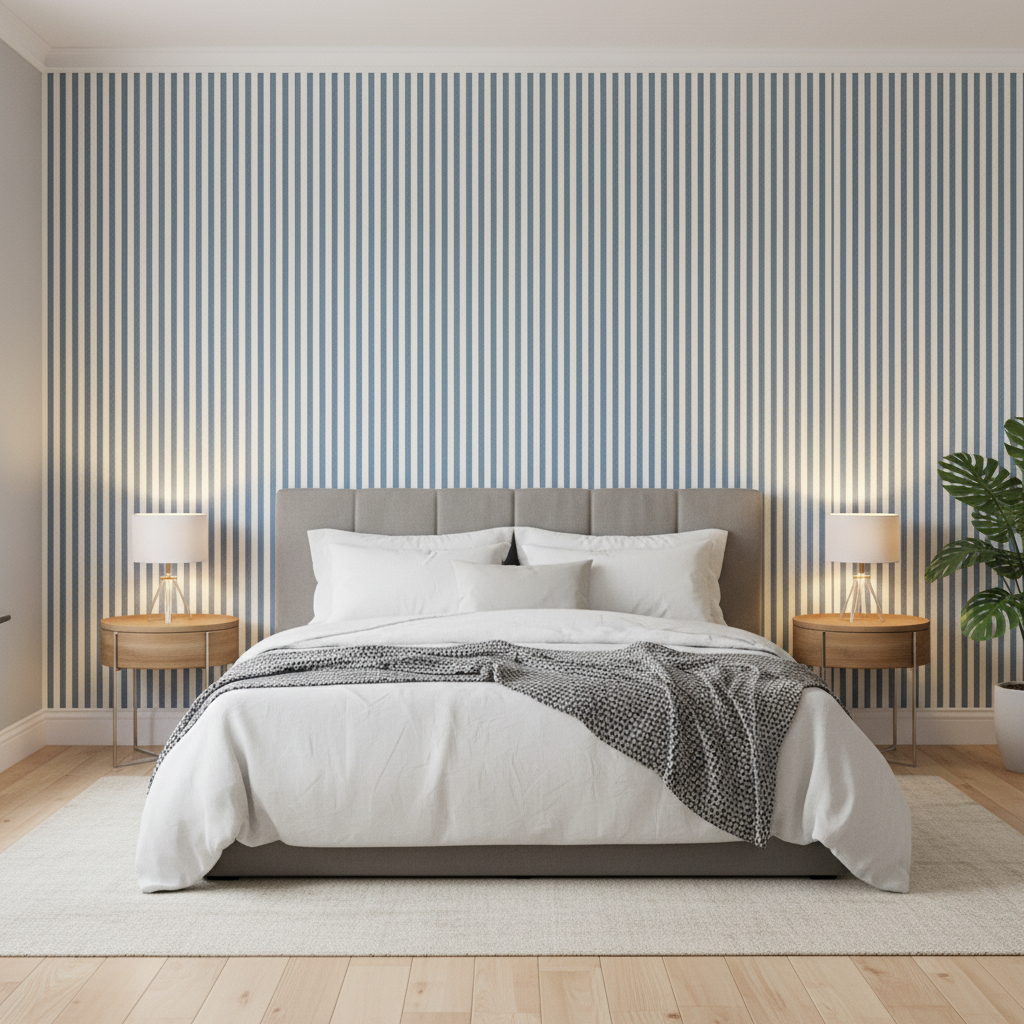 Cap Ferrat Stripe - Marine Blue By Lee Jofa | Suzanne Kasler The Riviera Collection |Stripes Texture Upholstery - Bedroom Room Setting