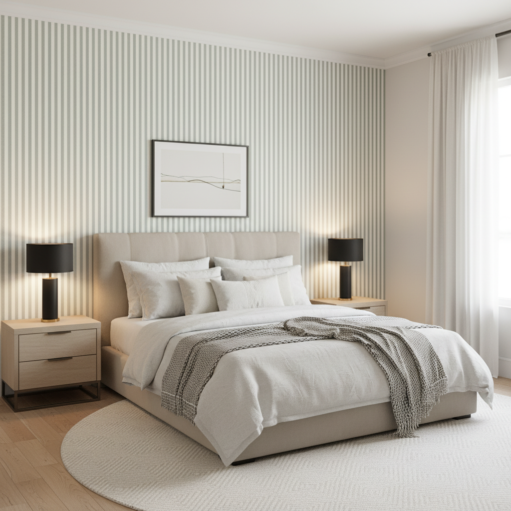 Cap Ferrat Stripe - Mineral Mineral By Lee Jofa | Suzanne Kasler The Riviera Collection |Stripes Texture Upholstery - Bedroom Room Setting