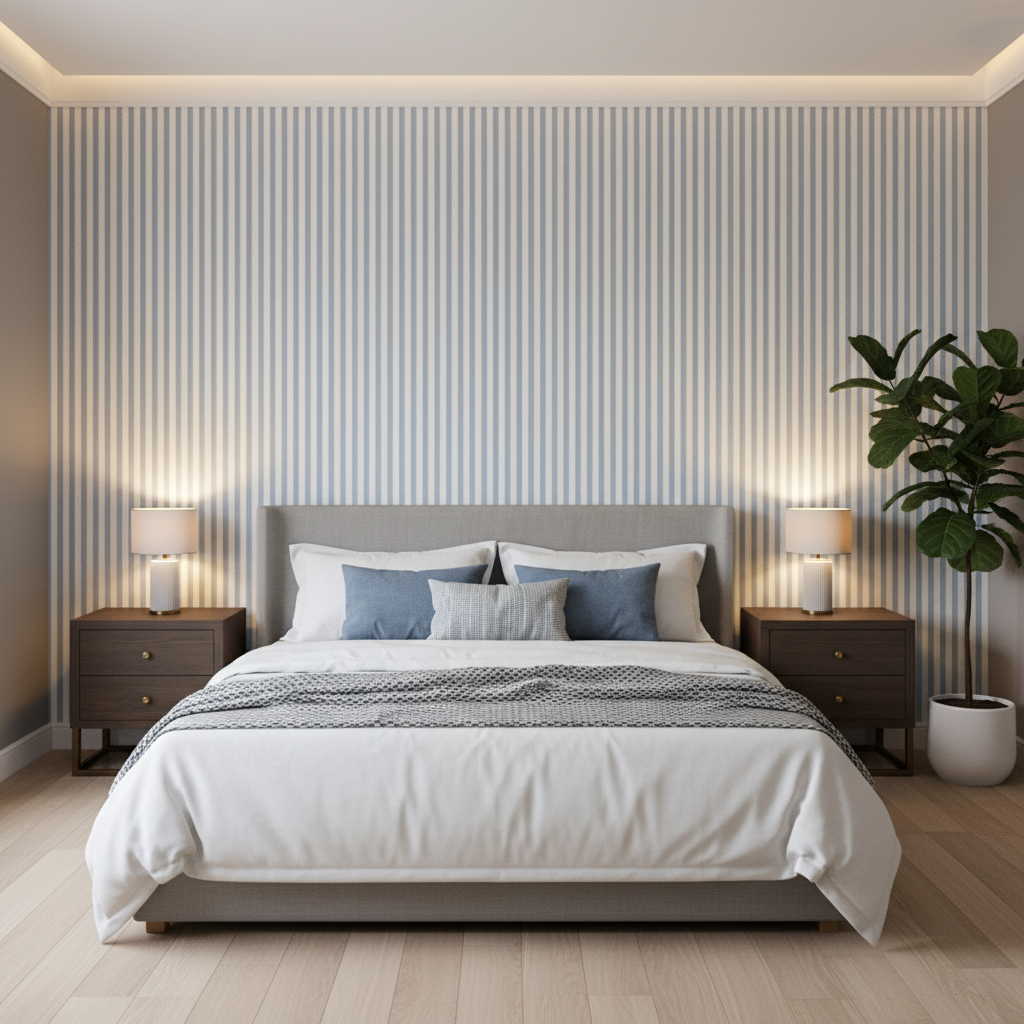 Cap Ferrat Stripe - Sky Light Blue By Lee Jofa | Suzanne Kasler The Riviera Collection |Stripes Texture Upholstery - Bedroom Room Setting