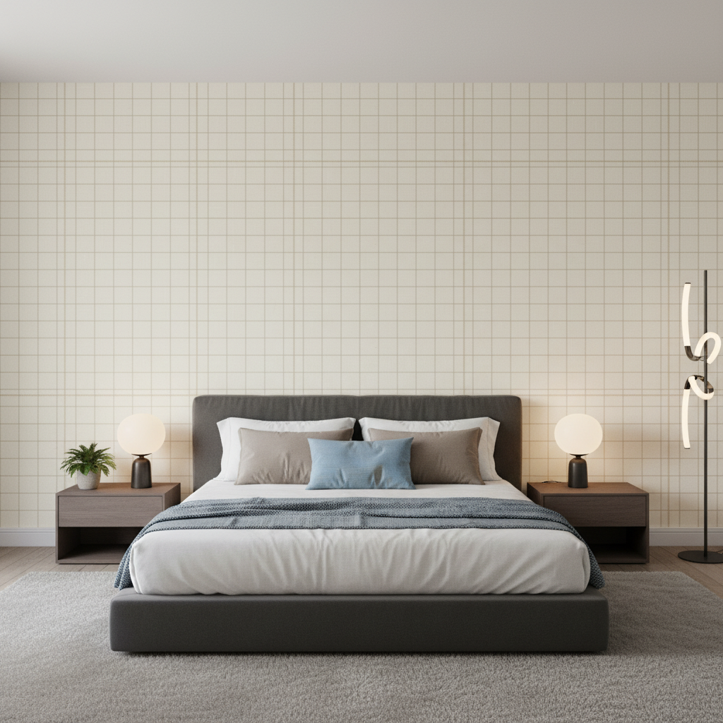Coombes Sheer - Linen Beige By Lee Jofa | Andover Sheers |Plaid / Check  Drapery Sheer - Bedroom Room Setting