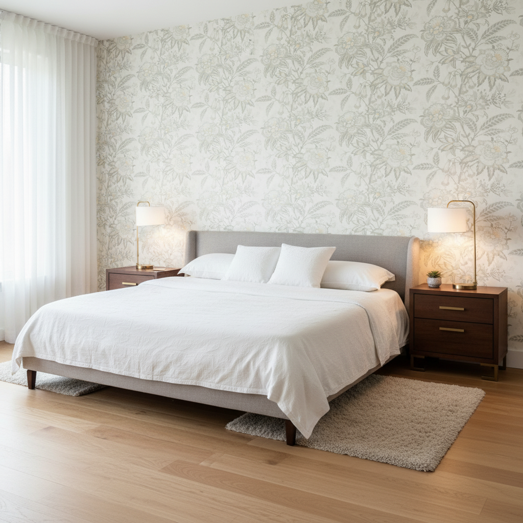 Davenport Print - Cloud Light Grey By Lee Jofa | Westport |Botanical & Floral  Multipurpose Print - Bedroom Room Setting