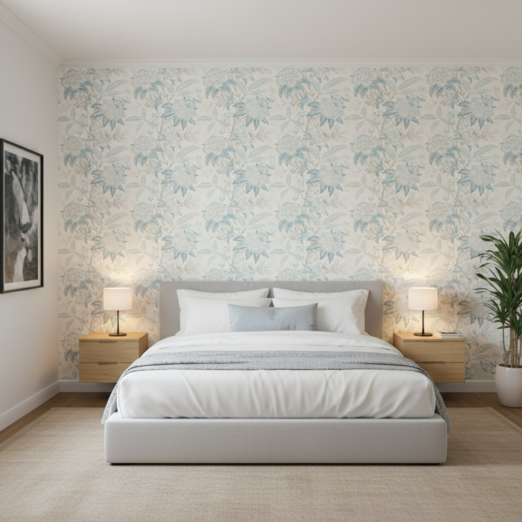 Davenport Print - Frost Blue Multi By Lee Jofa | Westport |Botanical & Floral  Multipurpose Print - Bedroom Room Setting